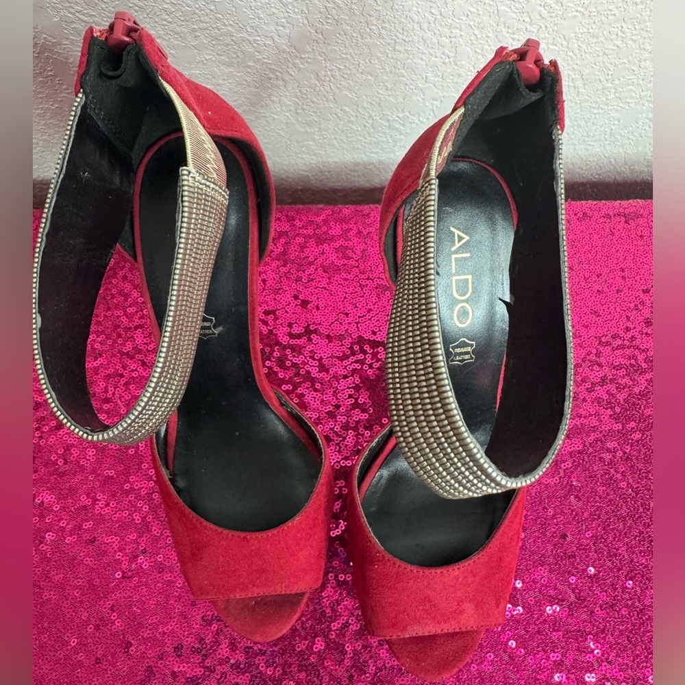 ALDO 🌹 Red Peep-Toe Stiletto Platform Heels, Golden Ankle Strap (Women’s Size 7) - Picture 13 of 14
